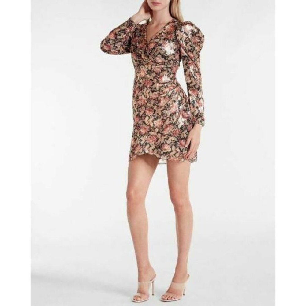 Express Floral Puff Shoulder Sheath Wrap Dress XS